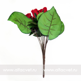 искусственные цветы букет роз с крупными листьями цвета красный 4